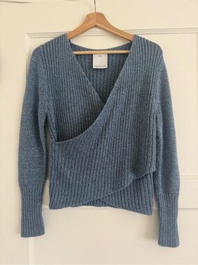 C/MEO Collective Ribbed Wrap V-Neck Sweater - Dusty Blue